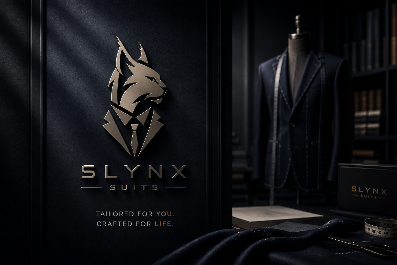 SLYNX Suits storefront signage and a tailored navy jacket on a mannequin in the atelier