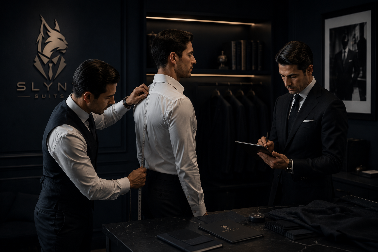A SLYNX tailor measuring a client during a personal fitting session