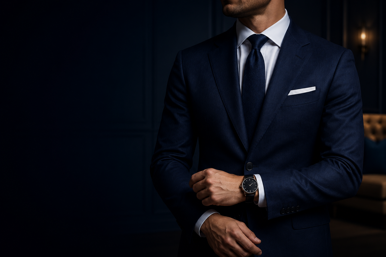 Man wearing a tailored navy suit adjusting his watch